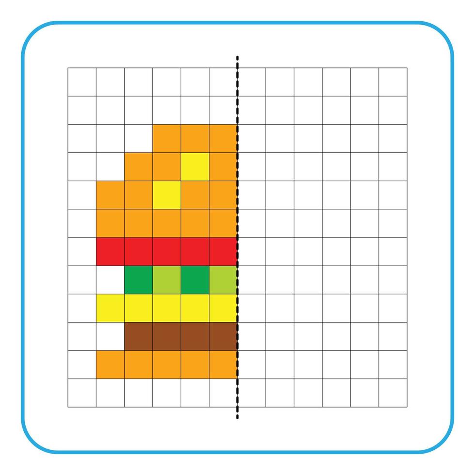 foto reflectie educatief spel voor kinderen. leer symmetrische werkbladen voor voorschoolse activiteiten in te vullen. kleurrasterpagina's, visuele waarneming en pixelart. maak de hamburgers af. vector