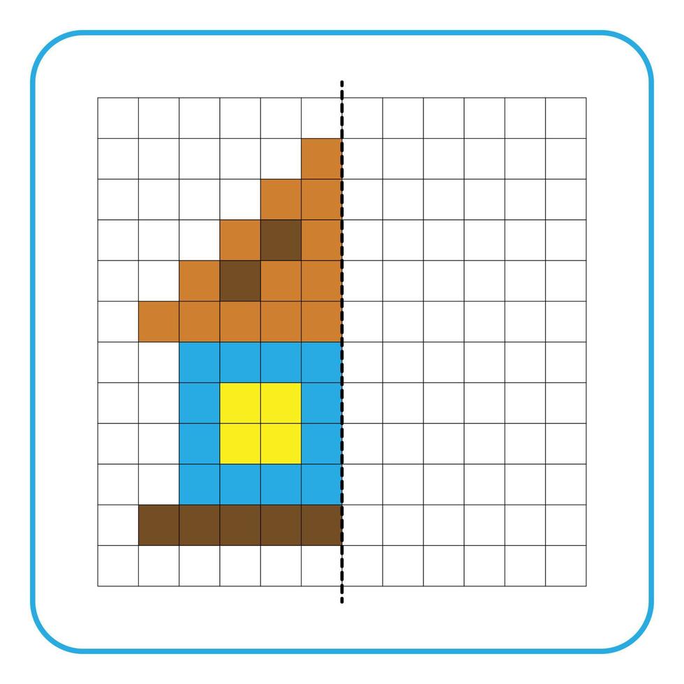 foto reflectie educatief spel voor kinderen. leer symmetrische werkbladen voor voorschoolse activiteiten in te vullen. kleurrasterpagina's, visuele waarneming en pixelart. maak de huisafbeeldingen af. vector