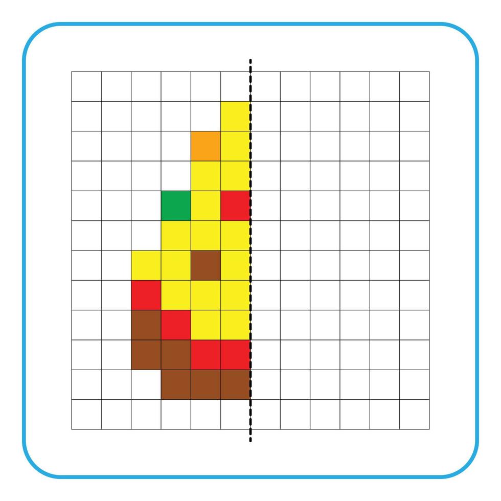 foto reflectie educatief spel voor kinderen. leer symmetrische werkbladen voor voorschoolse activiteiten in te vullen. kleurrasterpagina's, visuele waarneming en pixelart. maak de pizzapunten af. vector