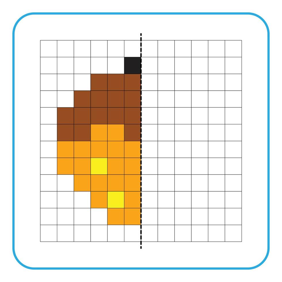 foto reflectie educatief spel voor kinderen. leer symmetrische werkbladen voor voorschoolse activiteiten in te vullen. kleurrasterpagina's, visuele waarneming en pixelart. maak de walnoten af. vector