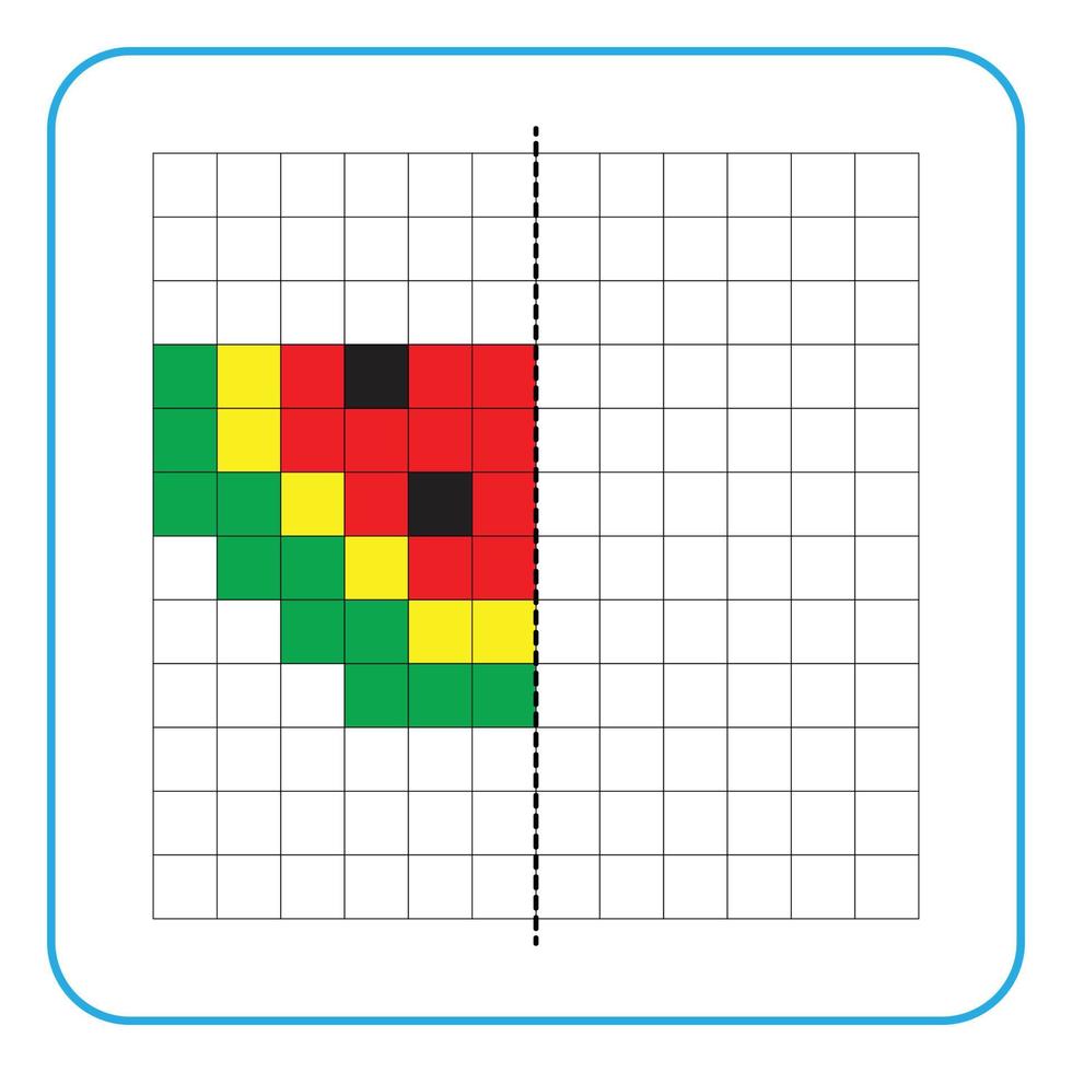 foto reflectie educatief spel voor kinderen. leer symmetrische werkbladen voor voorschoolse activiteiten in te vullen. kleurrasterpagina's, visuele waarneming en pixelart. maak de watermeloenschijf af. vector