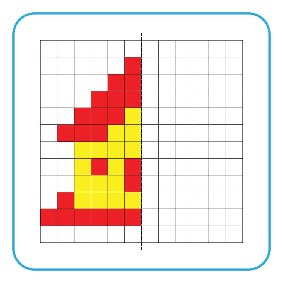 foto reflectie educatief spel voor kinderen. leer symmetrische werkbladen voor voorschoolse activiteiten in te vullen. kleurrasterpagina's, visuele waarneming en pixelart. maak de huisafbeeldingen af. vector