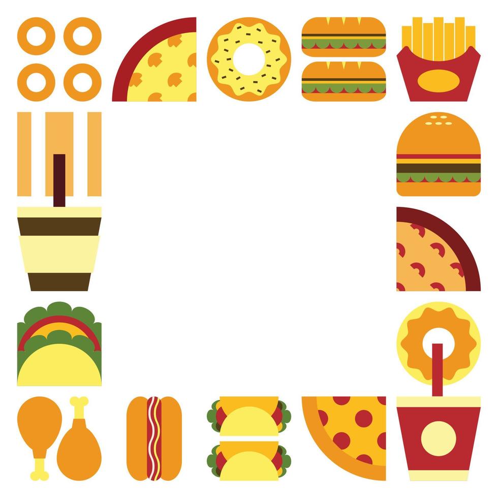 platte minimalistische geometrische fastfood symbool artwork poster met kleurrijke eenvoudige vormen. abstract vectorpatroonontwerp van ongezonde kost en drank. hamburgers, pizza, frites, frisdrank, koffie en uienring. vector