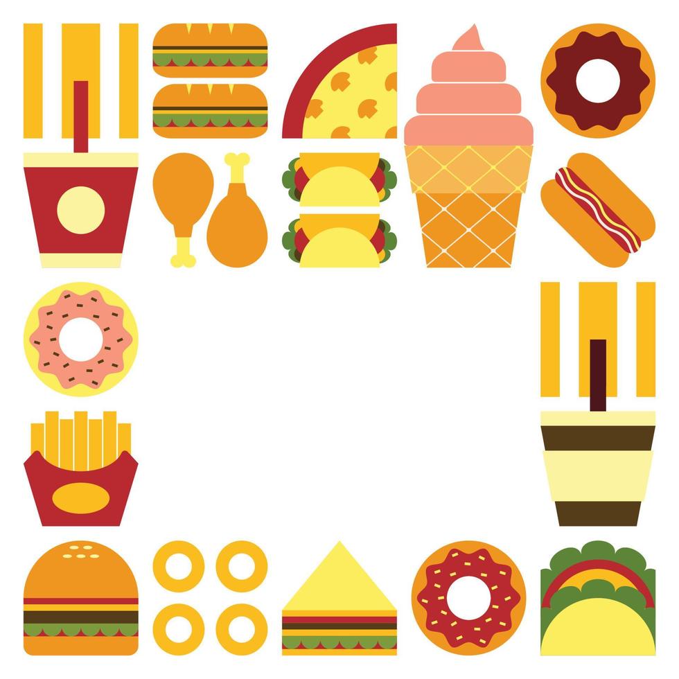 platte minimalistische geometrische fastfood symbool artwork poster met kleurrijke eenvoudige vormen. abstract vectorpatroonontwerp van ongezonde kost en drank. hamburgers, pizza, sandwiches, frisdrank, koffie en ijs. vector