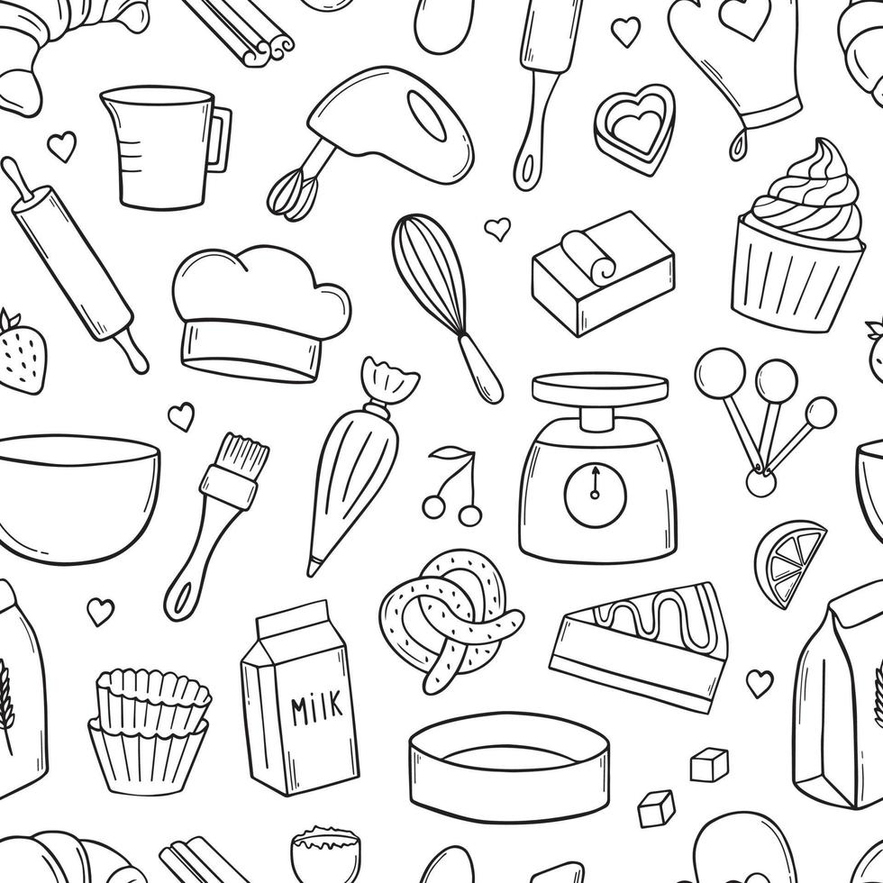naadloze patroon van bakken doodle. kook elementen. mixer, boter, bloem, lepel, garde in schetsstijl. hand getrokken vectorillustratie geïsoleerd op een witte achtergrond. vector