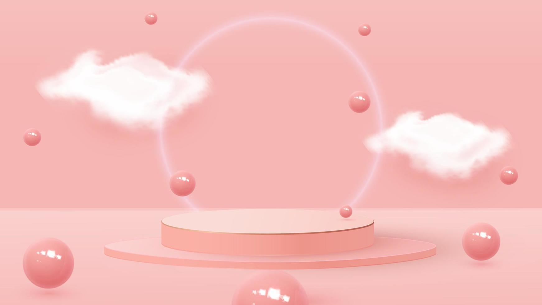 3D-weergave van een podiumdoos met ballen en wolken. stuiterballen, pastel achtergronden, podium of sokkel. vector illustratie