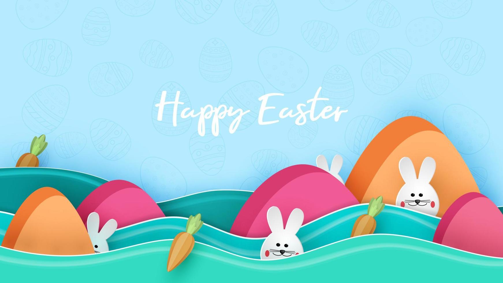 gelukkige paasdag in papierkunststijl met konijntje en eieren vectorillustratie vector