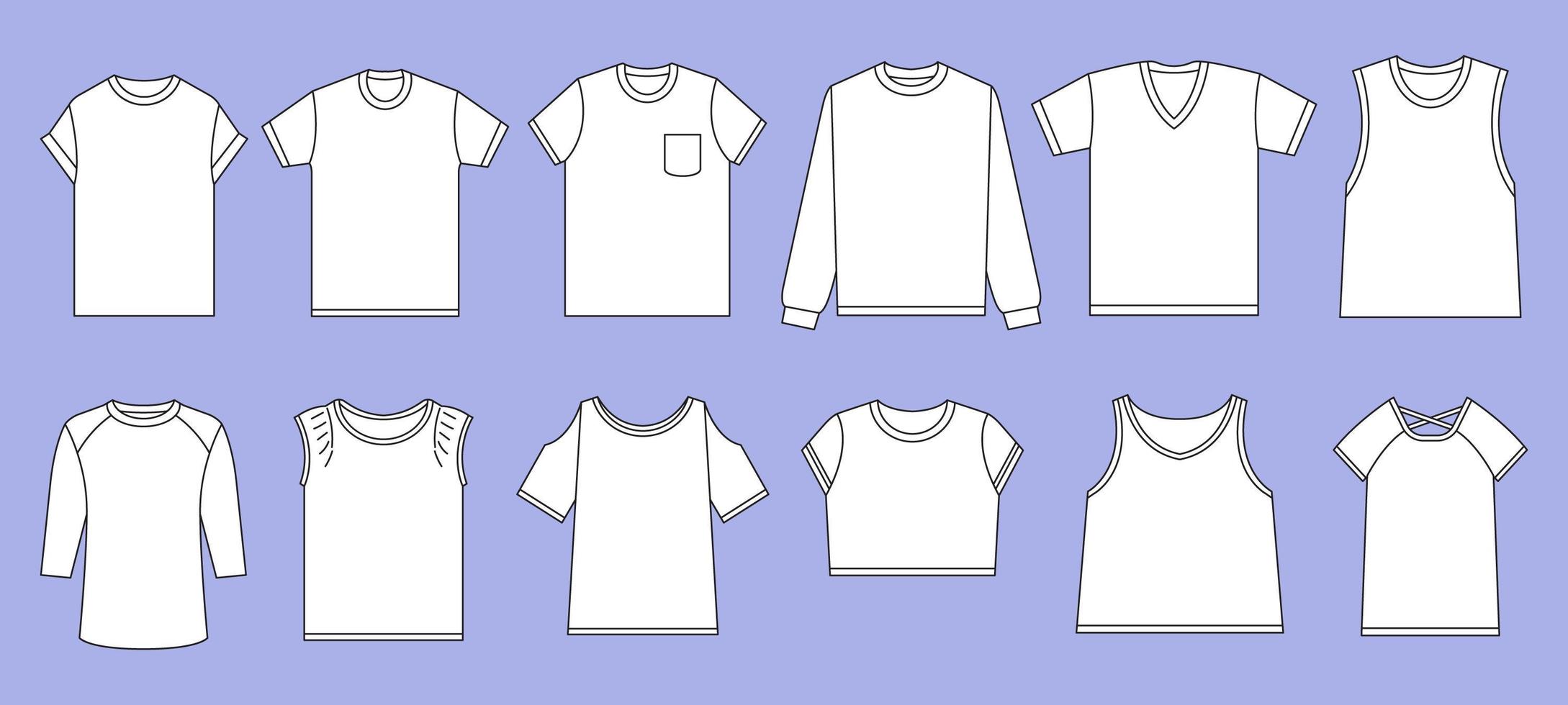 set van tshirt mock-up met alternatief kraagtype vector