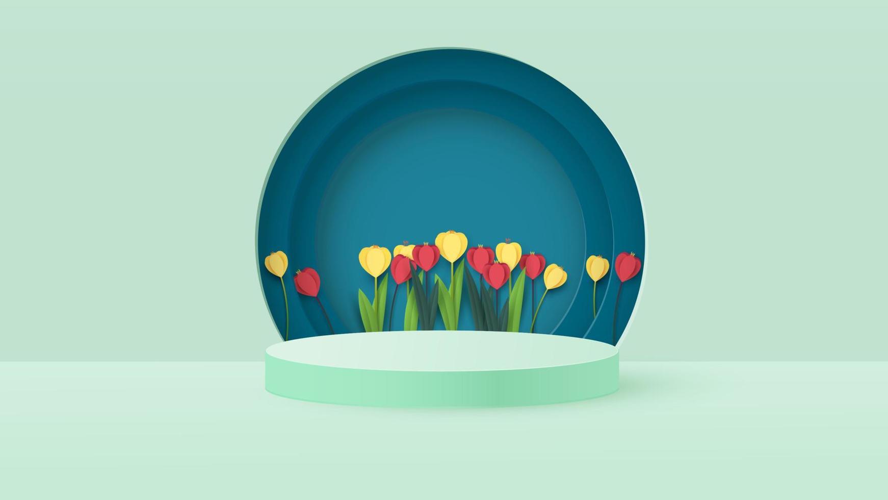 3D render van een podiumdoos met Lentebloemen. heldere tulpen, podium of voetstuk achtergronden. vector illustratie