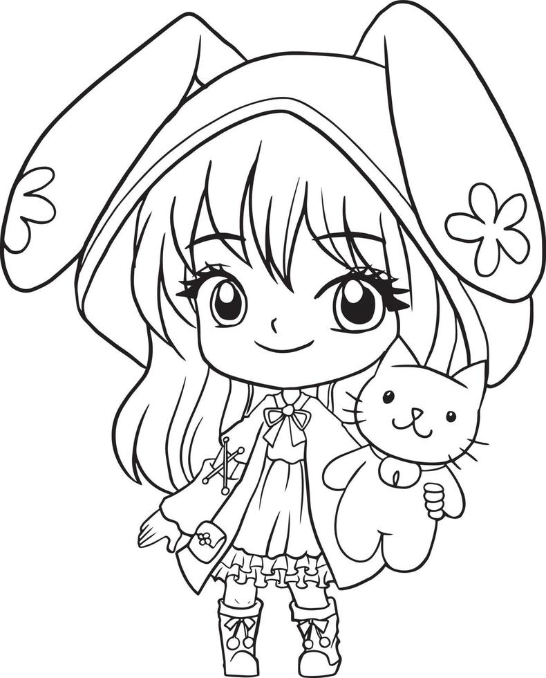 kleurplaat cartoon meisje schattig kawaii manga anime illustratie, clipart kind tekening karakter vector