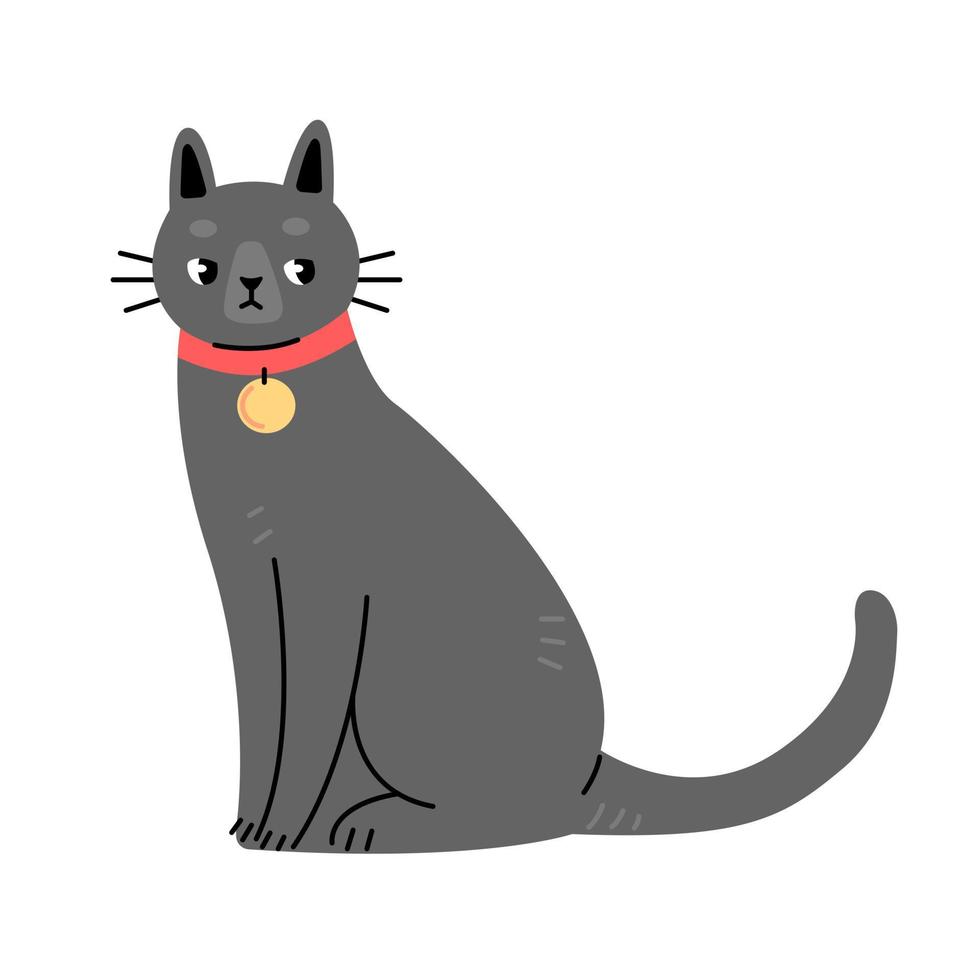 zwarte kat met rode kraag en medaillon in platte cartoonstijl. vectorillustratie geïsoleerd op een witte achtergrond. vector