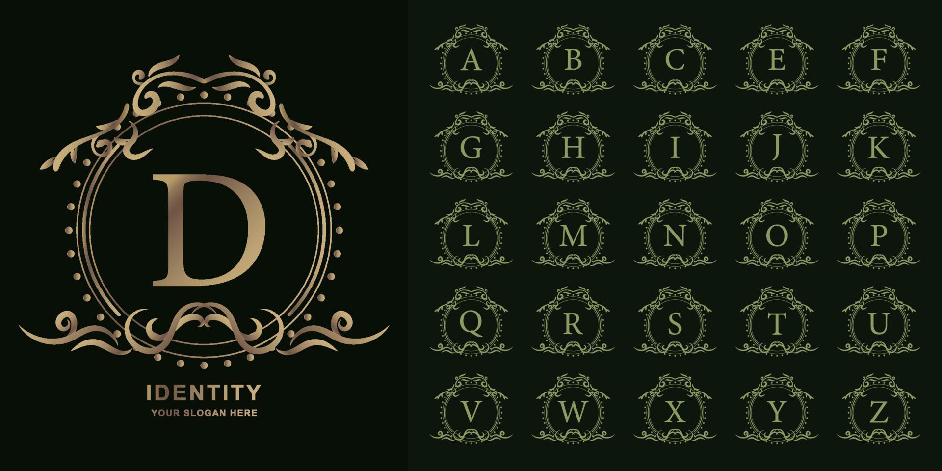 letter d of collectie eerste alfabet met luxe sieraad bloemen frame gouden logo sjabloon. vector