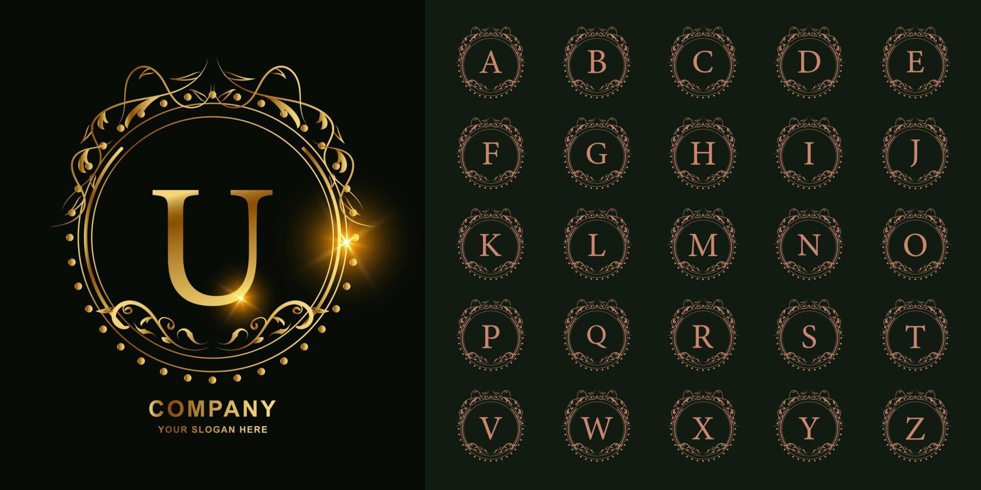 letter u of collectie eerste alfabet met luxe ornament bloemen frame gouden logo sjabloon. vector