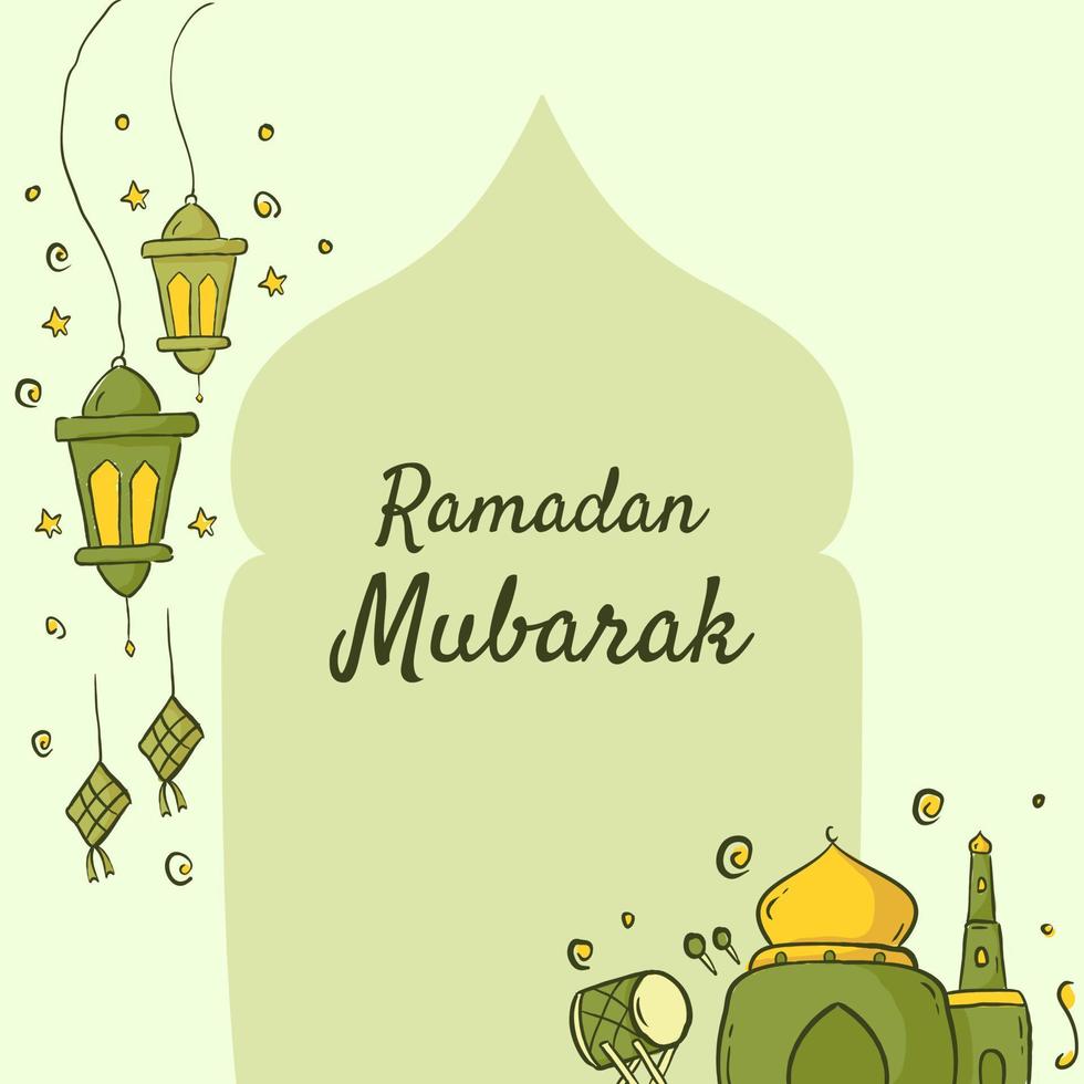 ramadan mubarak illustratie met moskee en lantaarn concept. handgetekende schetsstijl vector