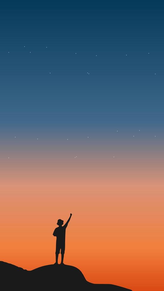 reiziger staande op de top van een berg met zonsondergang op de achtergrond vector