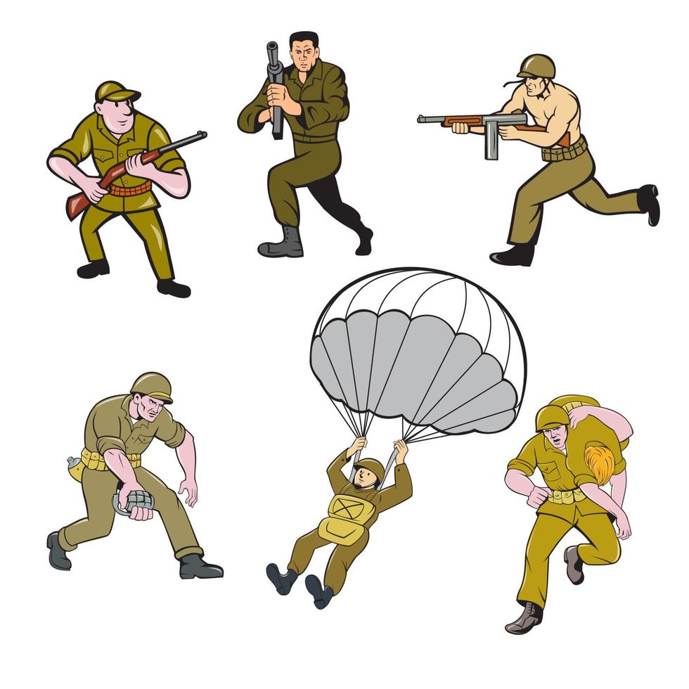 Wereldoorlog twee soldaat tekenfilm set vector
