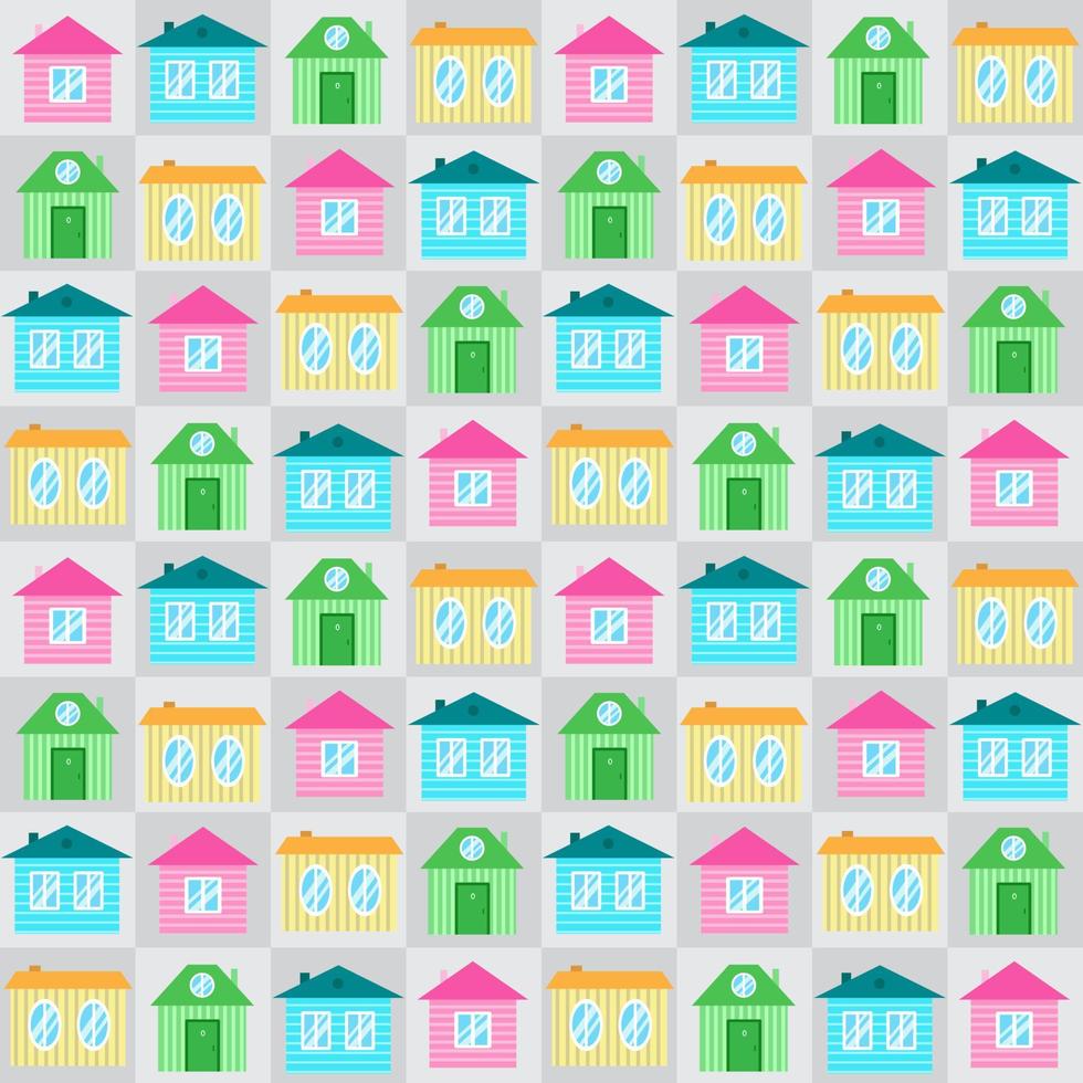 naadloze patroon met kleurrijke cartoon huizen. leuke illustratie in pasteltinten. print voor textiel, interieur, inpakpapier, design en decor vector