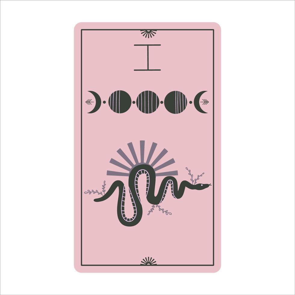 vintage tarotkaarten met maanstanden en slangen geïsoleerd op een witte achtergrond. hemelse magie voor occultisme en waarzeggerij. roze lichtkaarten. slang met zon. platte vectorillustratie vector