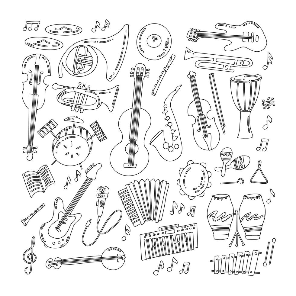 hand getrokken doodle muziekinstrumenten. klassiek en jazzorkest. vectorillustratie. vector zwart-wit afbeelding