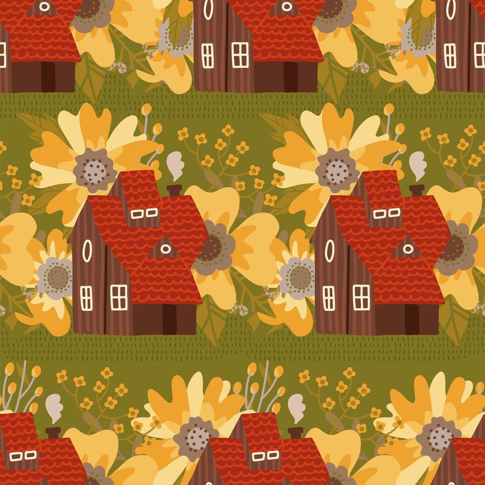 gezellige kleine huizen onder grote bloemen naadloze patroon achtergrond. zomer land landschap. platte vectorillustratie. vector