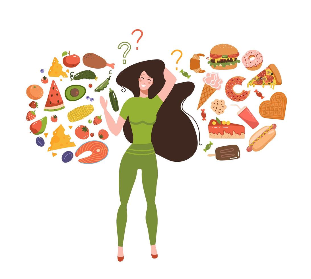 gezond versus ongezond voedselconcept. junk versus goed voedsel dieet balans. vrouw kiezen tussen verse maaltijden en fast food. platte vectorillustratie. vector