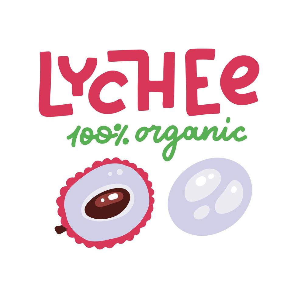 roze lychee, open tropisch exotisch fruit. biologische gezonde voeding - vegetarische lichee. gemaakt in cartoon vlakke stijl. vectorillustratie met handschrift 100 organisch vector