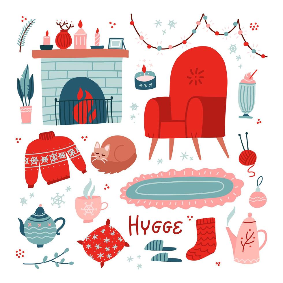 levendige verzameling hygge kerstpictogrammen. grote set gezellige en warme elementen - fauteuil, open haard en theepot. vector platte hand getekende illustratie voor wenskaarten, posters en seizoensgebonden ontwerp.