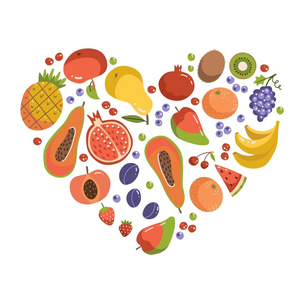 fruit in hartvorm. reeks fruitpictogrammen die hartvorm vormen. vegetarische voedselelementen. gezonde cartoon platte vectorillustratie. vector