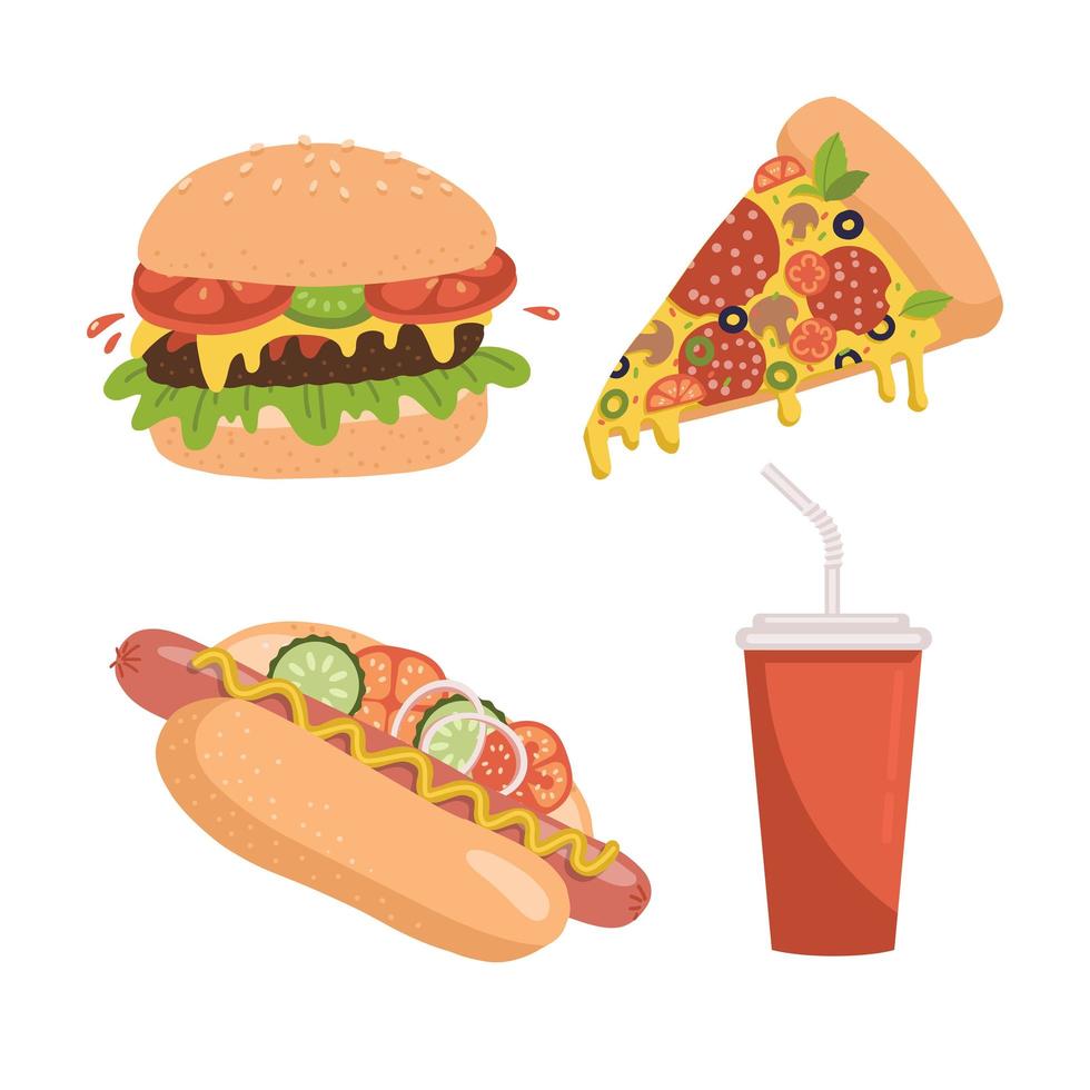 fastfood pictogramserie. bevat illustraties van pizzapunt, hamburger, hotdog en soda-peperbeker. vlaai hand getekend vector ontwerp.