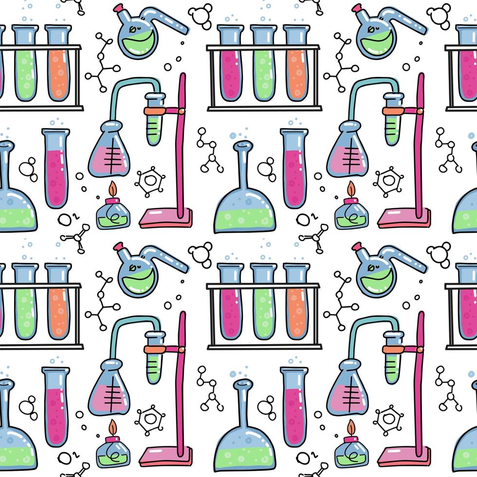 naadloze patroon van decoratieve kleur hand getekend chemisch laboratorium wetenschappelijk experiment apparatuur geïsoleerde vectorillustratie. set kolven in doodle stijl op witte achtergrond. scheikunde wetenschap voor kinderen vector