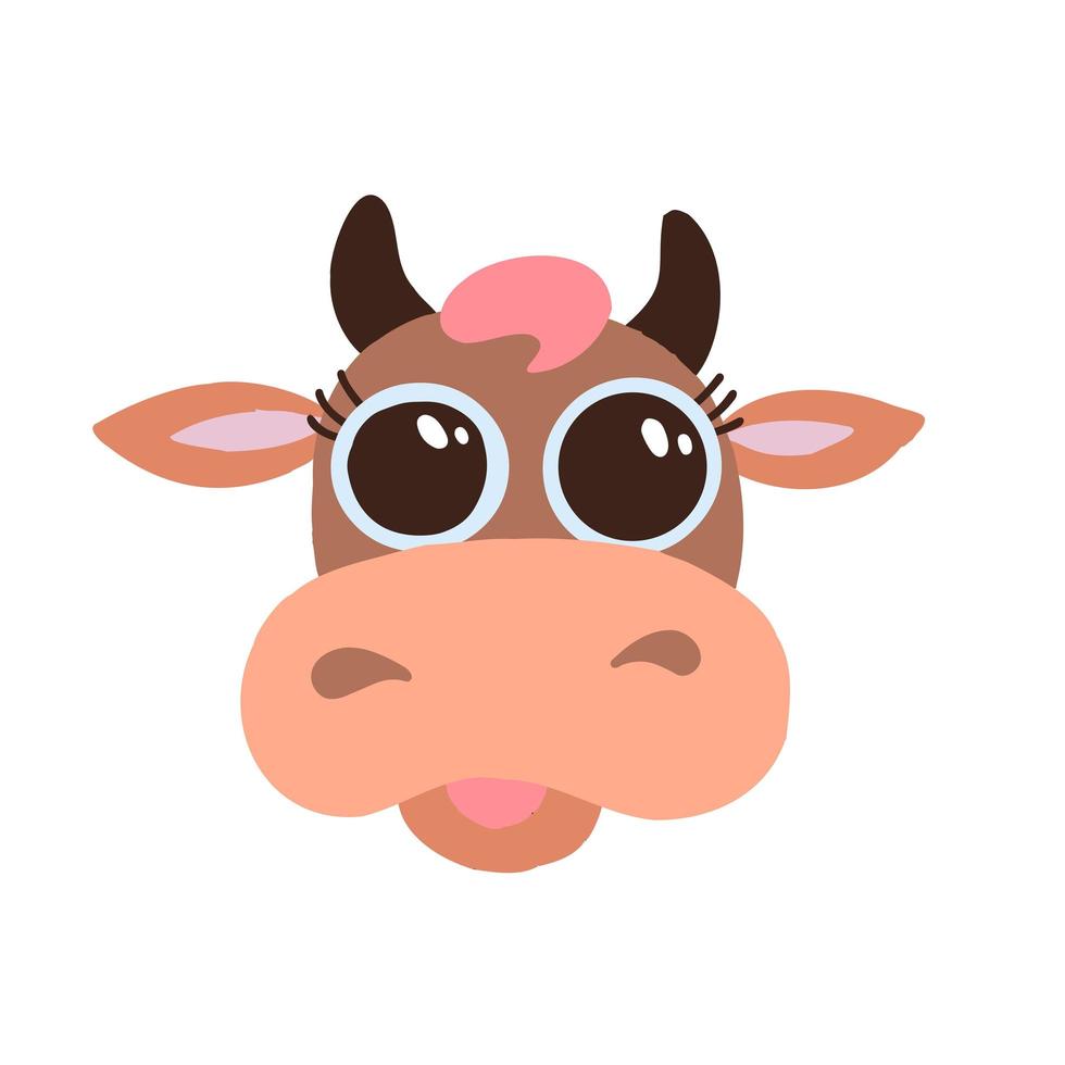 schattig bruin koe lachend gezicht met grote ogen platte vector pictogram geïsoleerd op een witte achtergrond. platte cartoon ontwerp grappige boerderij dieren hoofd illustratie. dier van 2021 jaar.