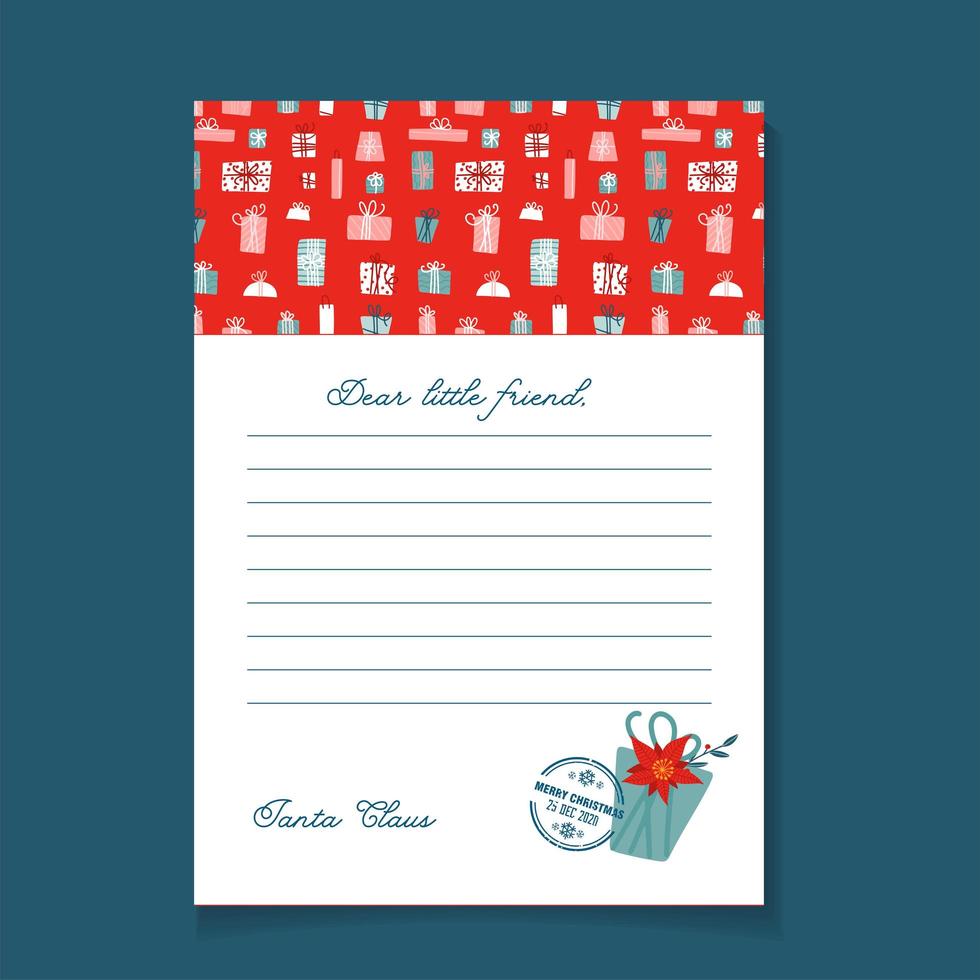 kerstbrief van de kerstman sjabloon. patroon met geschenkdoospatroon en postzegel. plat hand getekend vector ontwerp.