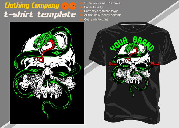T-shirt sjabloon, volledig bewerkbaar met schedel snake vector
