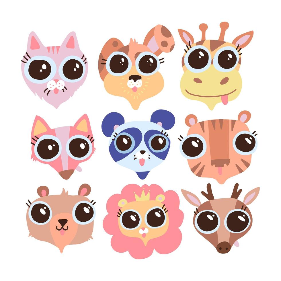 schattige dierengezichten met grote ogen. een set van vectorillustraties van cartoon dierenkoppen, waaronder beer, kat, hond, tijger, panda, leeuw, vos, hert, giraf. concept voor printontwerp voor kinderen. vector