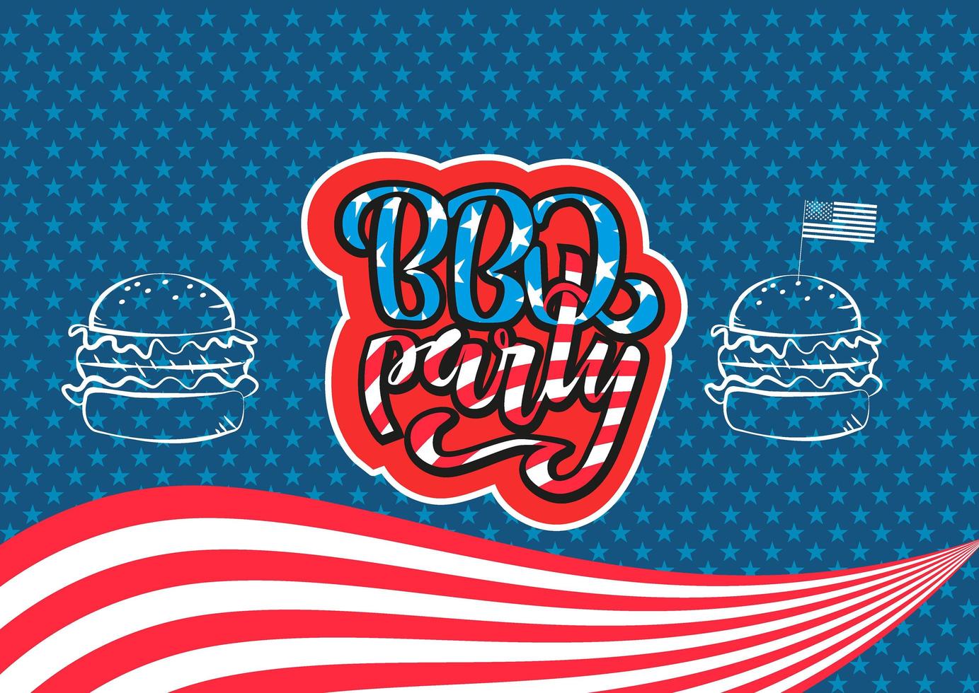 4 juli BBQ-feestje belettering uitnodiging voor Amerikaanse onafhankelijkheidsdag barbecue met 4 juli decoraties sterren, vlaggen, hamburgers op blauwe achtergrond. vector hand getekende illustratie.