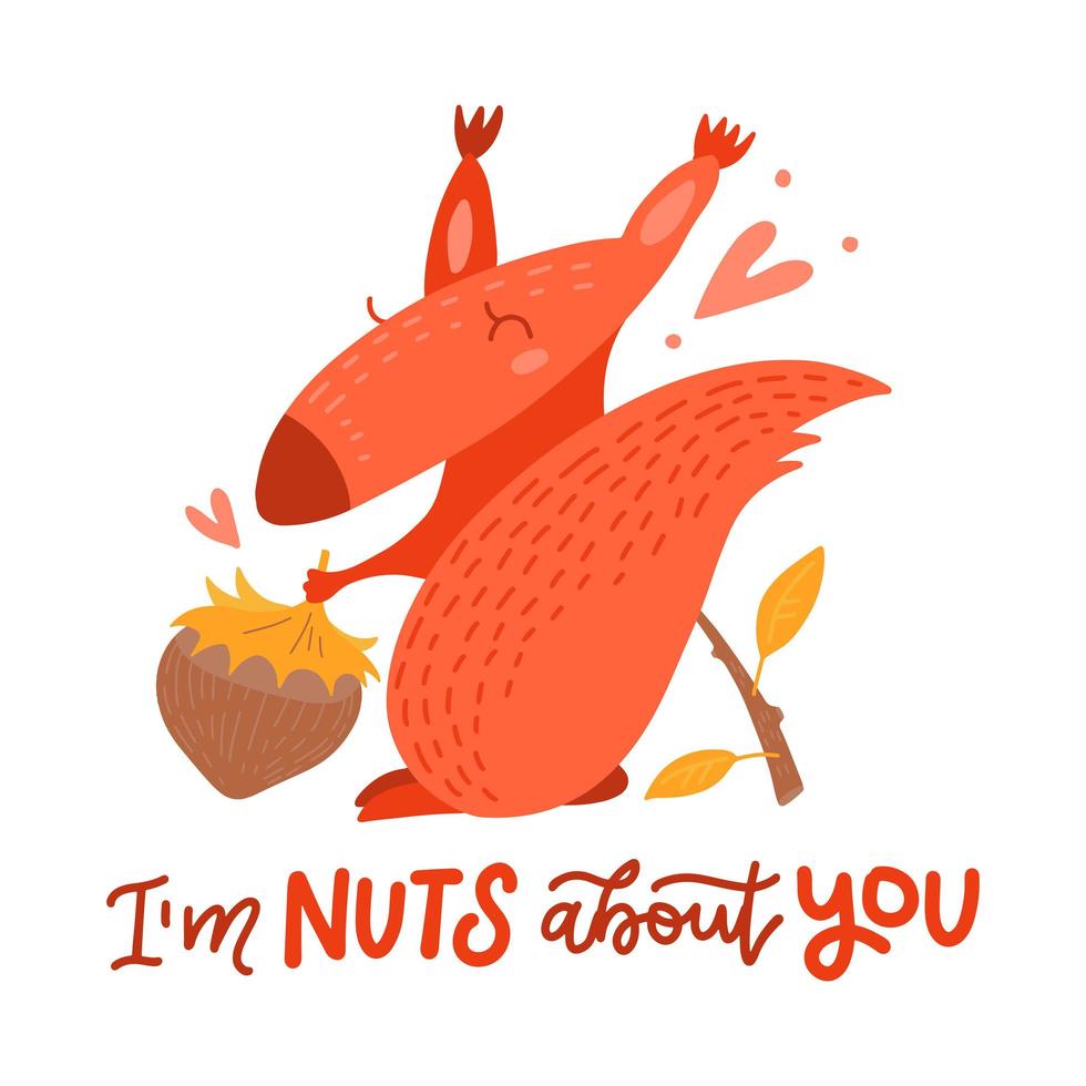 Valentijnskaart met schattige eekhoorn met een noot en boomtak in platte cartoonstijl. ik ben gek op je - handgetekende valentijnskaart. vector