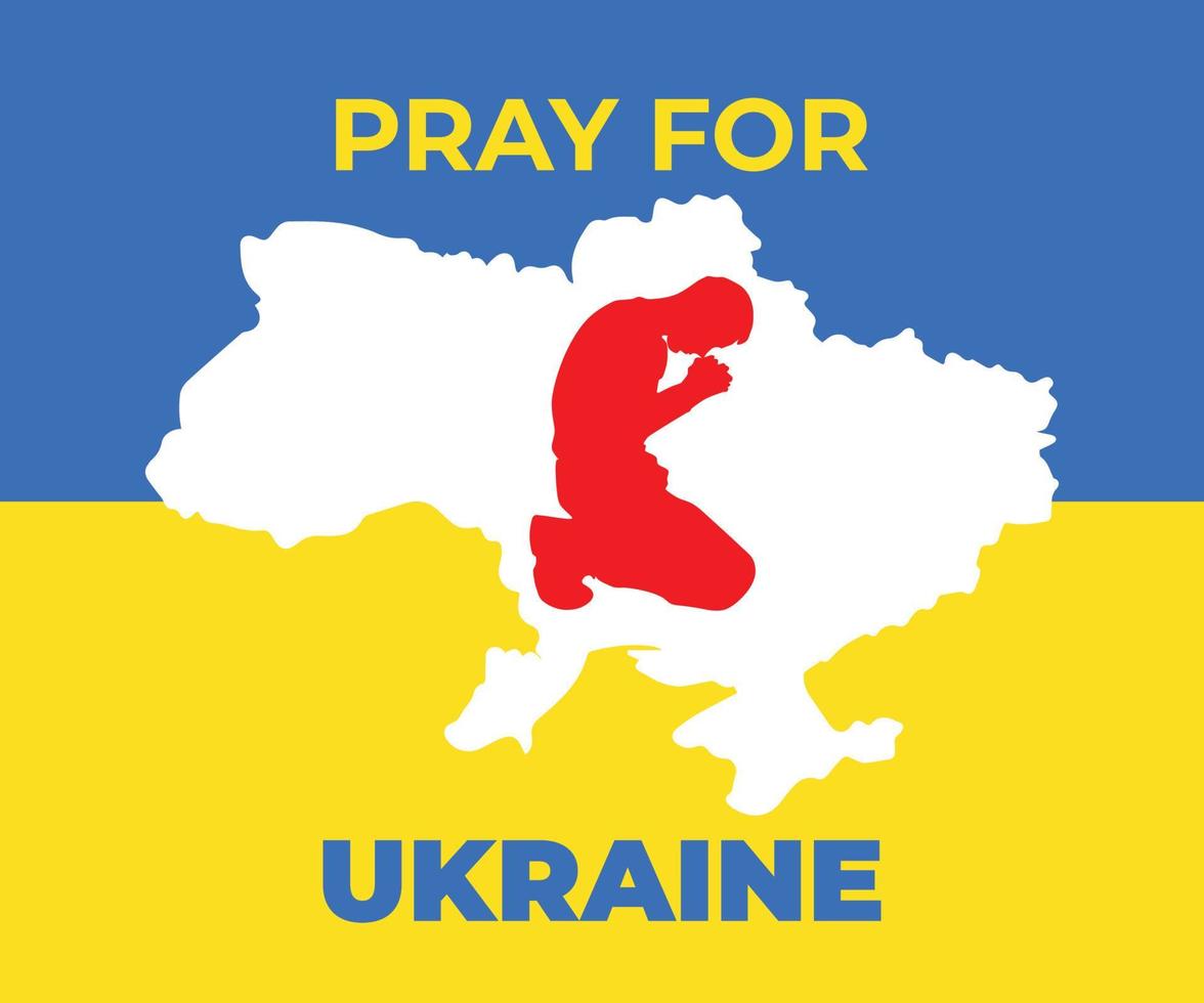 bid voor Oekraïne kaart en vlag met silhouet van man bidden vector