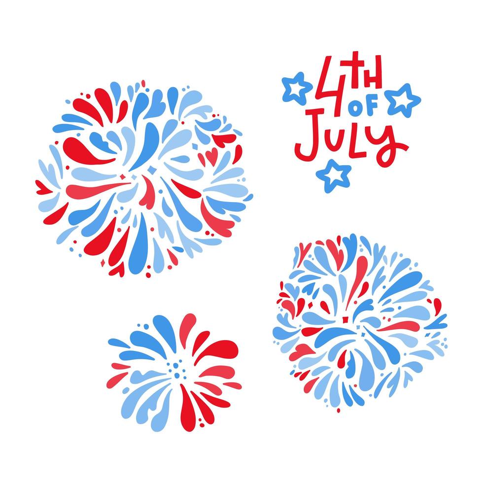 fijne 4 juli. onafhankelijkheidsdag wenskaart. vector hand getrokken doodles vlakke afbeelding en belettering.