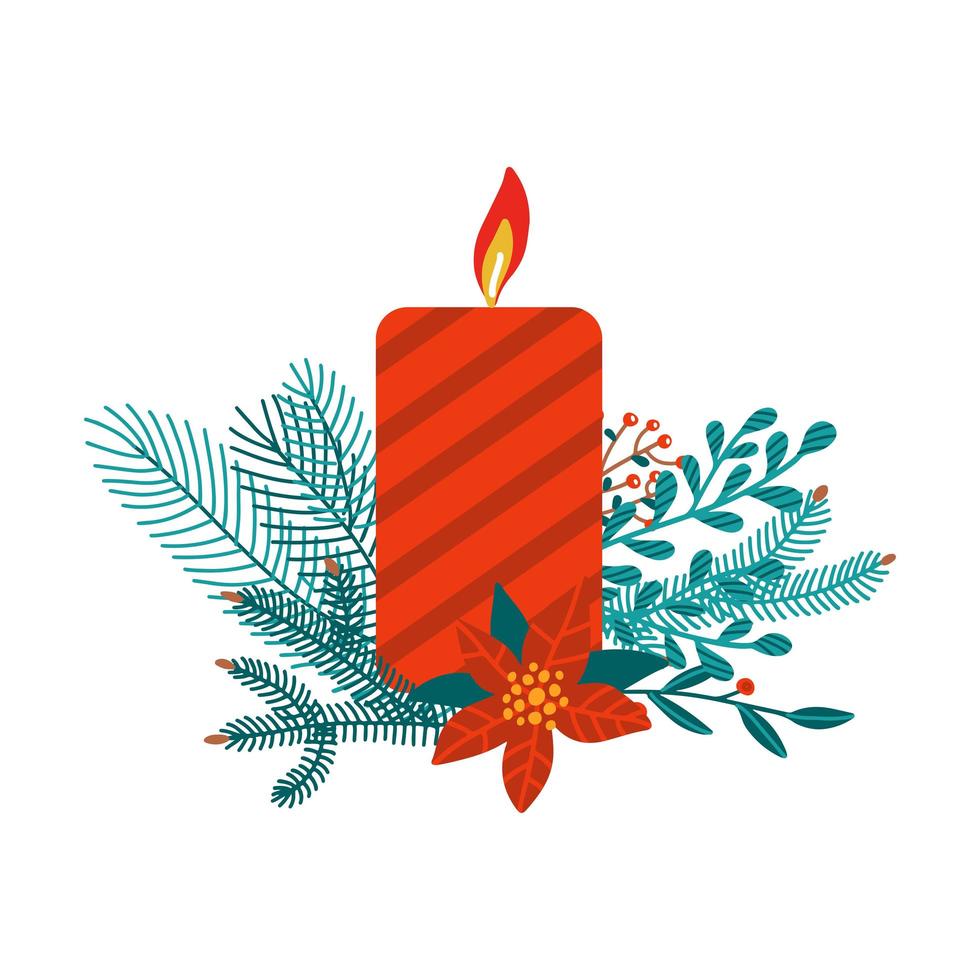 rode kerst kaars geïsoleerd op wit. feestelijke illustratie met brandende kaars versierd met groene sparren takken, kerst bloemen elementen, bessen, maretak en rode poisentia. vector plat