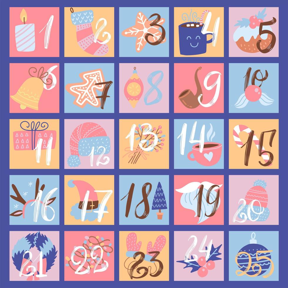 adventskalender, trendy platte kerstpictogrammen. platte vector hand getekende illustratie. 25 dagen.