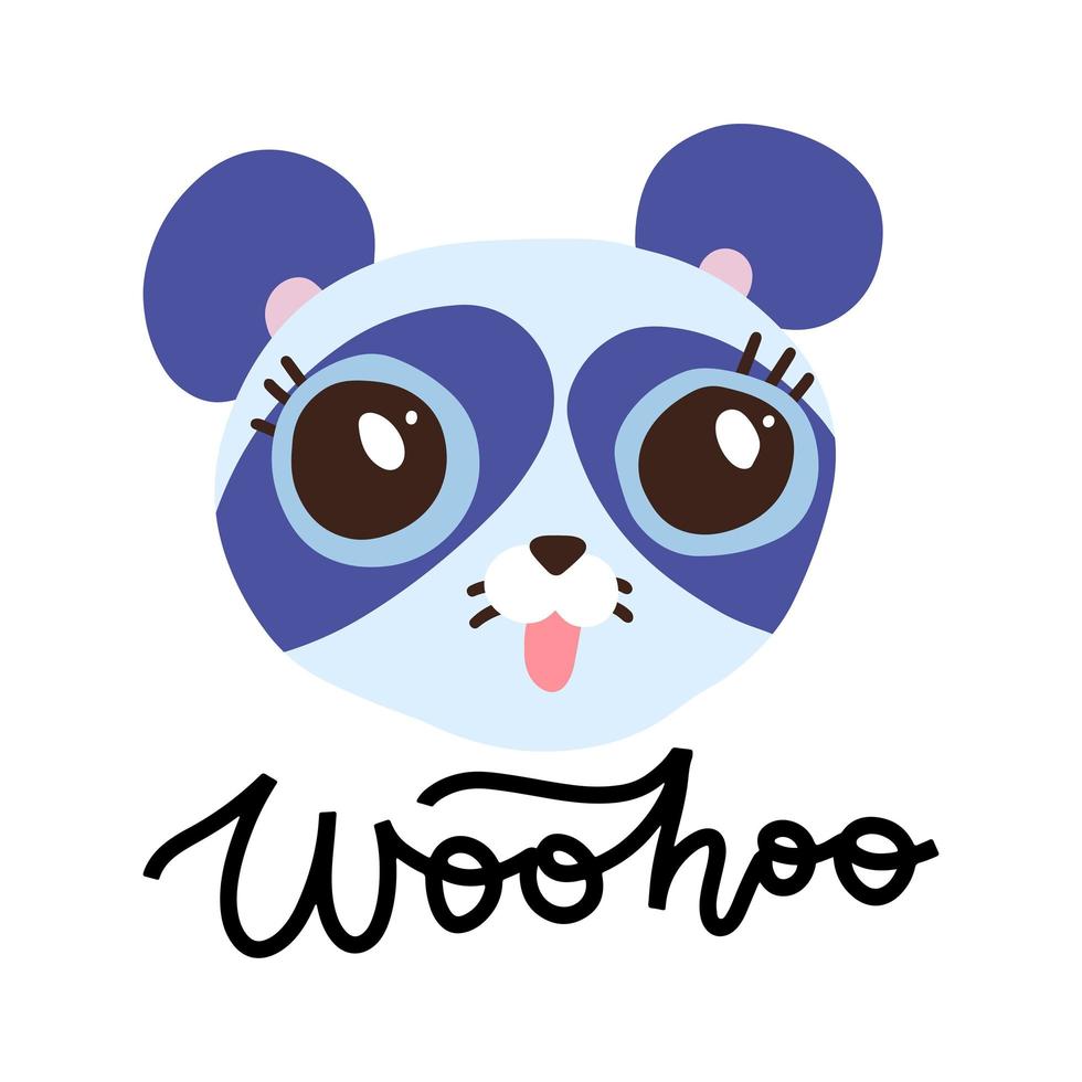 schattige blauwe panda met grote ogen op een witte achtergrond. hand getekende decoratieve vector belettering - woohoo. kinderprint voor posters, ansichtkaarten, t-shirtontwerp.