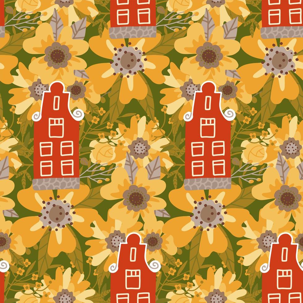 naadloos patroon met de traditionele kleine huizen van Nederland op de kleurrijke grote bloemenachtergrond. vlakke stijl vectorillustratie. tourboekje omslag, ansichtkaartontwerp, souvenirkaart voor toeristen. vector