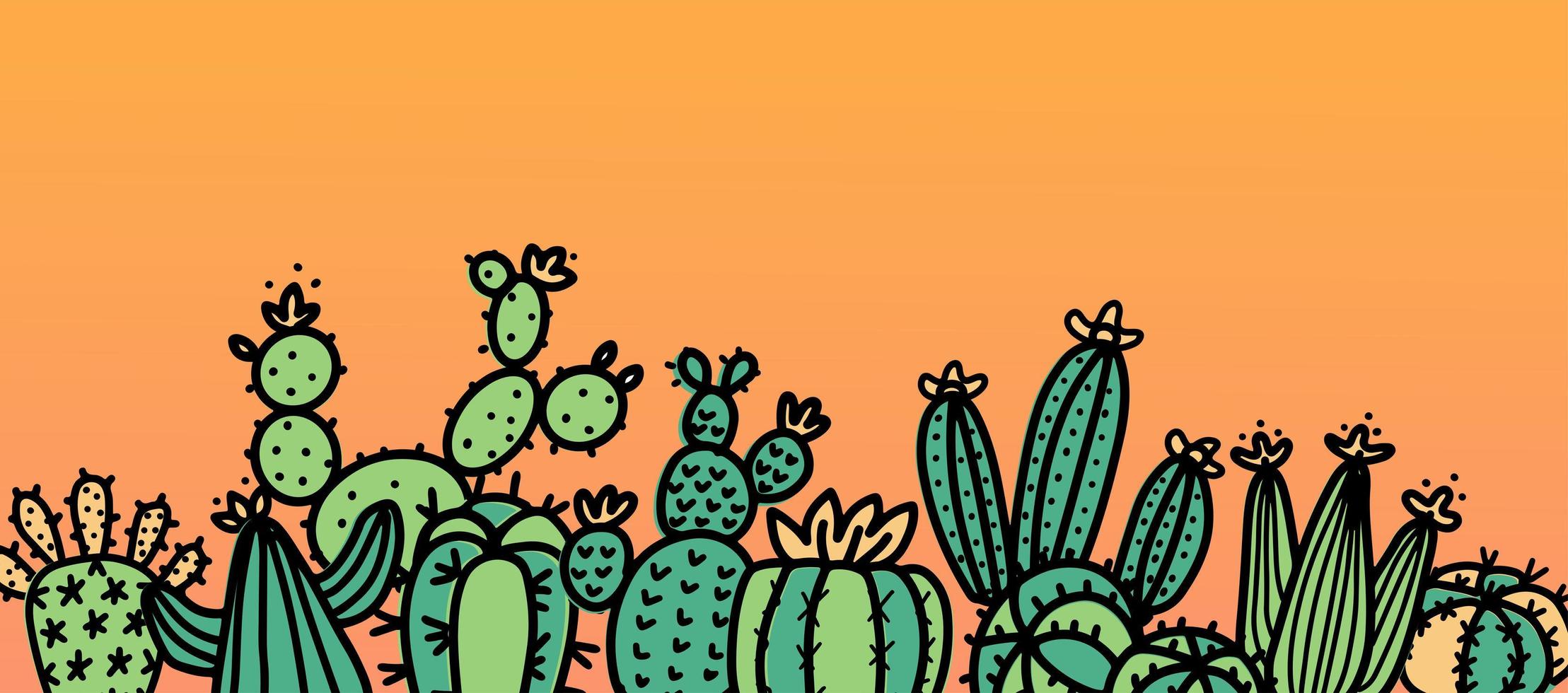 schattige cactus doodle afbeelding achtergrond. mix cactus op oranje achtergrond. omlijnde kleur vector