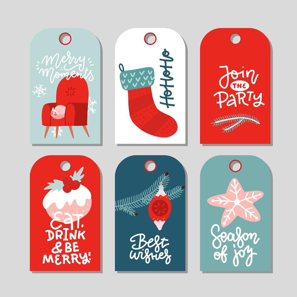 modern kerstcadeaulabel plat stijlvol ontwerp. set kersttags met sok, peperkoek, kerstboomversiering en belettering. platte vectorillustratie. vector