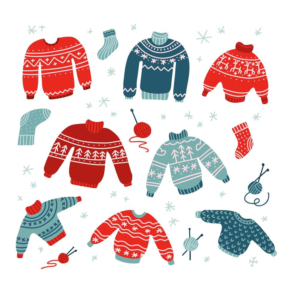 winter en kerst lelijke en schattige truien in platte handgetekende stijl in groene en rode kleuren. vector gebreide collectie met schoothoek en sok.