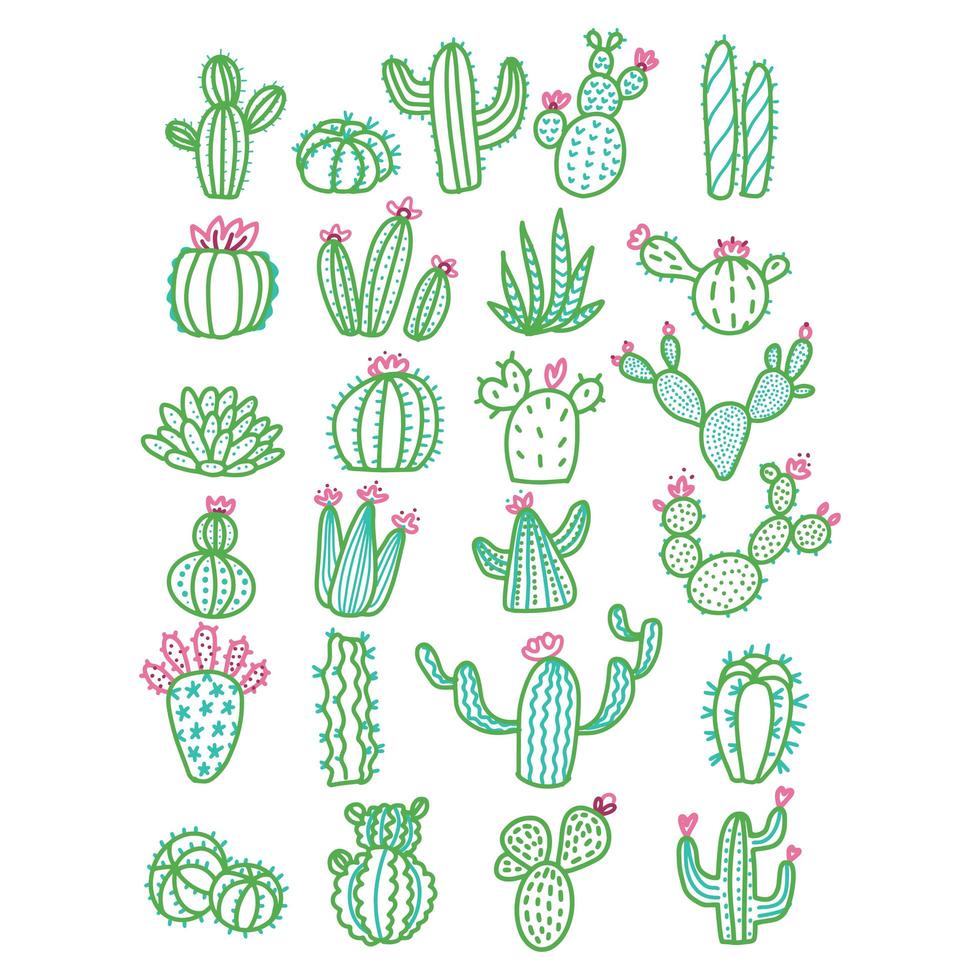 schattige hand getekende vectorcactus zonder potten kleur geschetst illustratie. set van schattige handgetekende groene lijncactussen met roze bloemen. vector