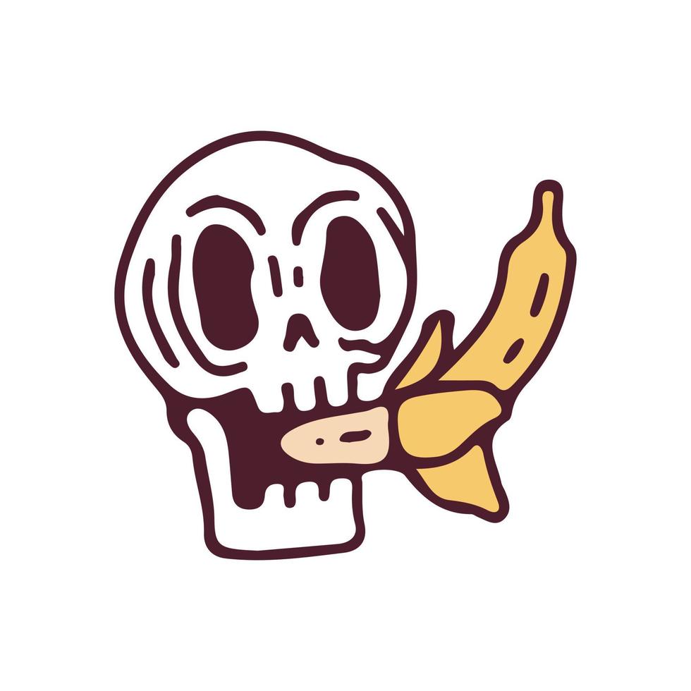 schedel eet banaan, illustratie voor t-shirt, sticker of kleding koopwaar. met retro- en cartoonstijl. vector