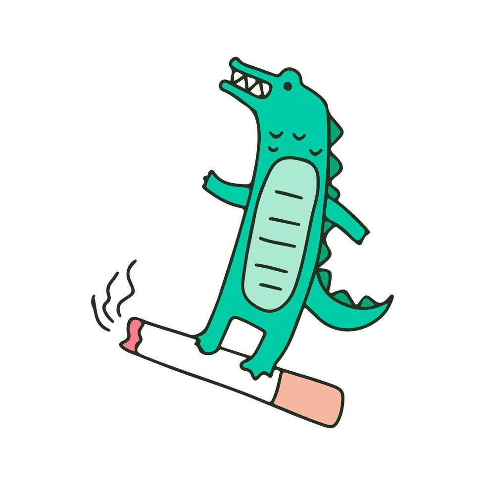 krokodil die een sigaret berijdt, illustratie voor t-shirt, sticker, of kledingskoopwaar. met retro cartoon-stijl. vector