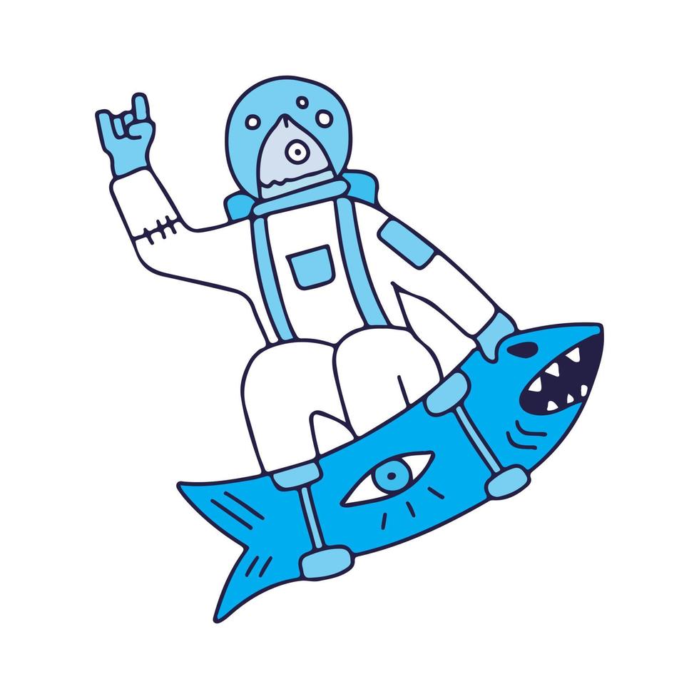 vis dragen astronaut kostuum freestyle met skateboard, illustratie voor t-shirt, sticker of kleding koopwaar. met retro cartoon-stijl. vector