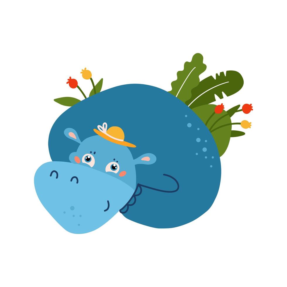 blauw grappig nijlpaarddier met tropische palmbladeren in de zomer. kinderachtig concept voor uw papieren textielontwerp. platte hand getekende vectorillustratie. vector